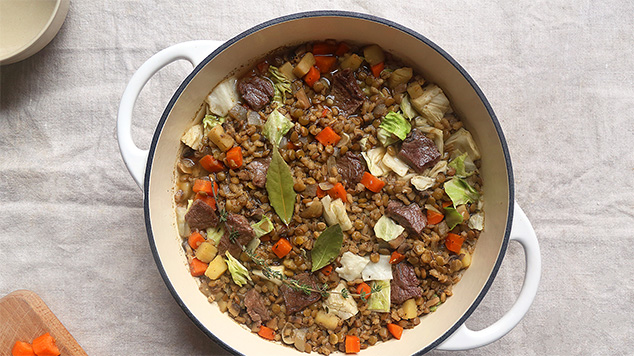 Hearty beef barley soup with mushrooms & lentils