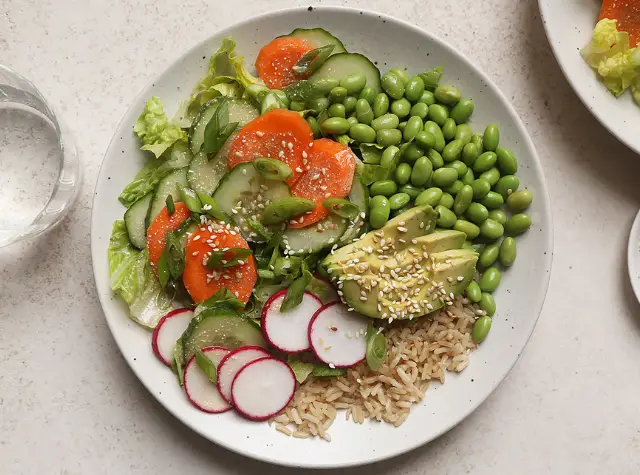 Sushi salad bowl with creamy sesame dressing