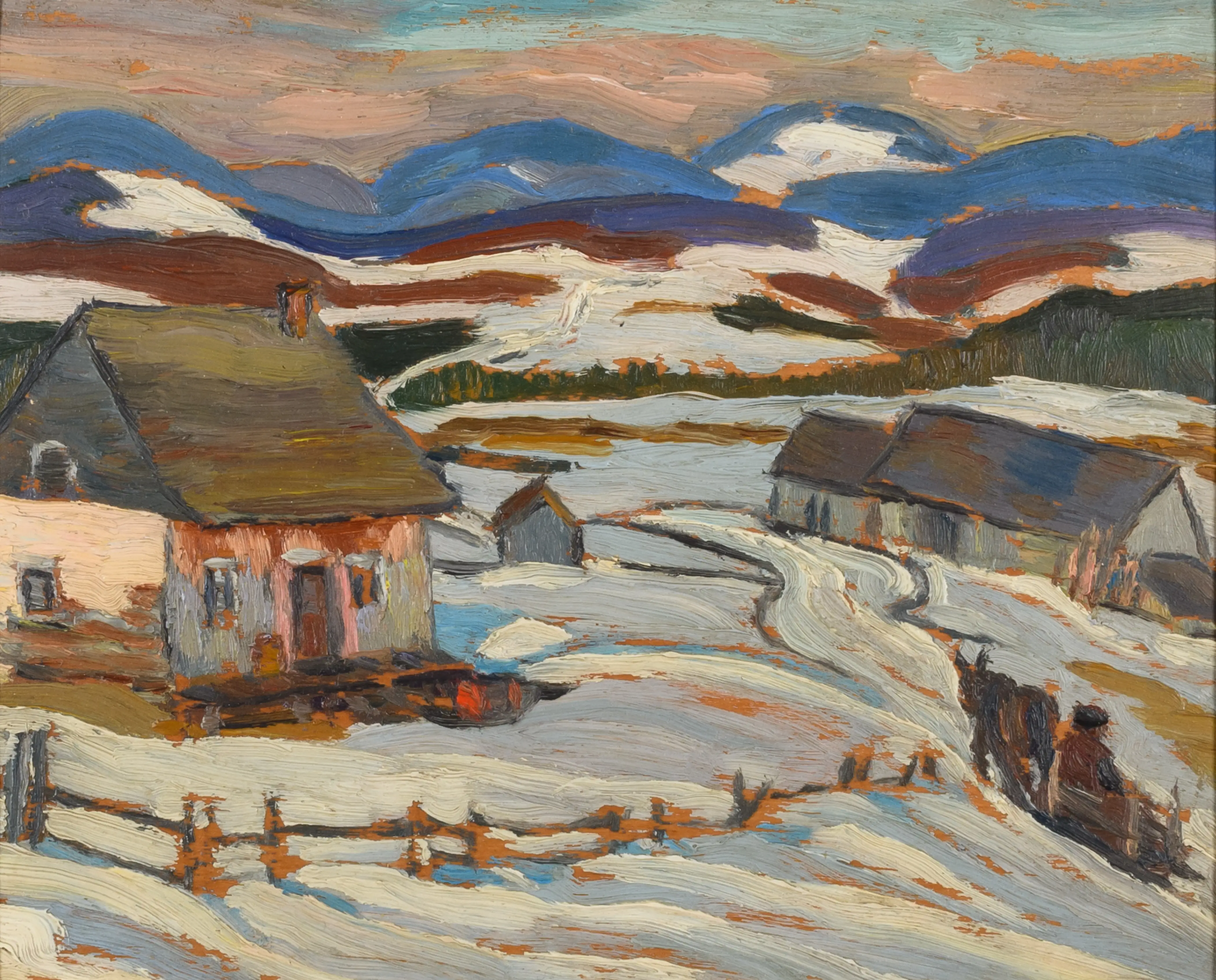 a painting of a village in the snow