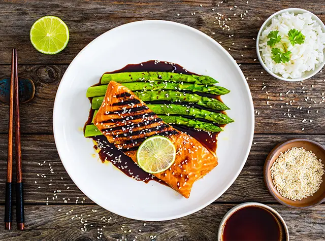 Korean barbecue salmon with asparagus