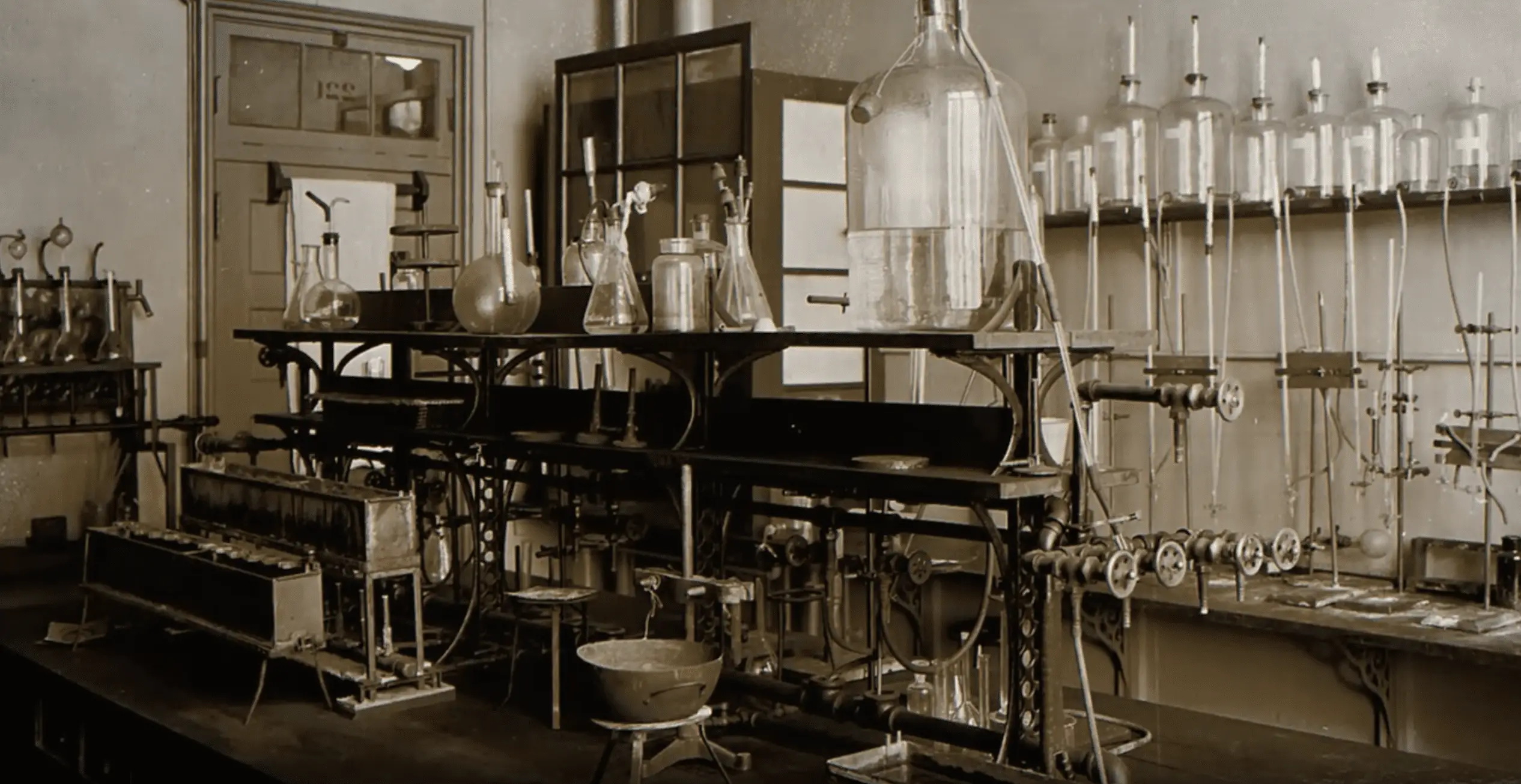 a laboratory with glass flasks and other equipment