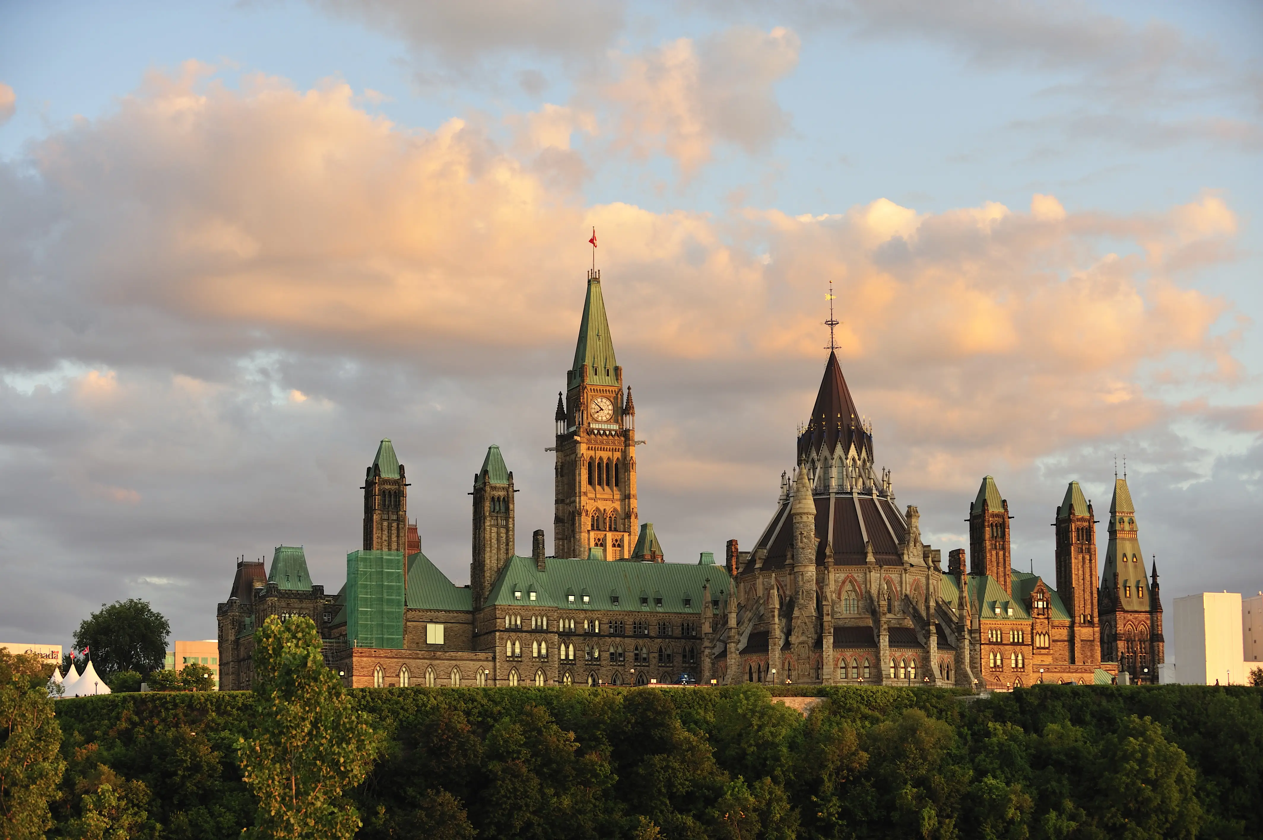 a large building with towers and a tower on top