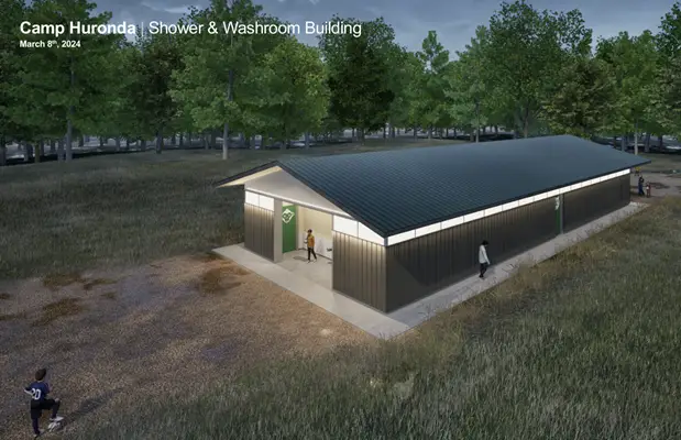 a building with a roof and a couple of people walking