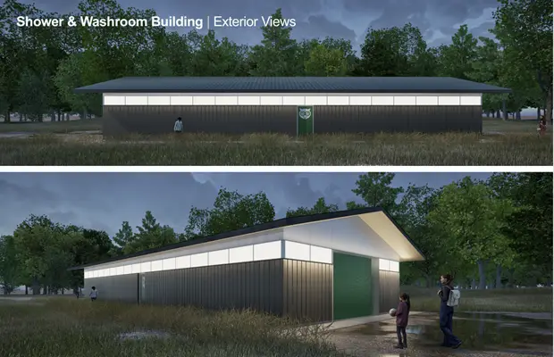 a mushroom building with a green door
